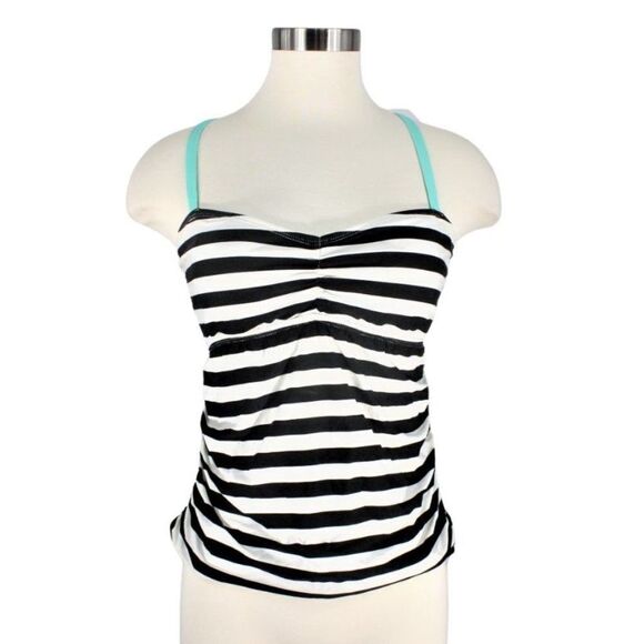 Swim Tankini Top Only Adjustable Strap Padded Bra Black & Cream Stripes Size Med - Picture 1 of 7